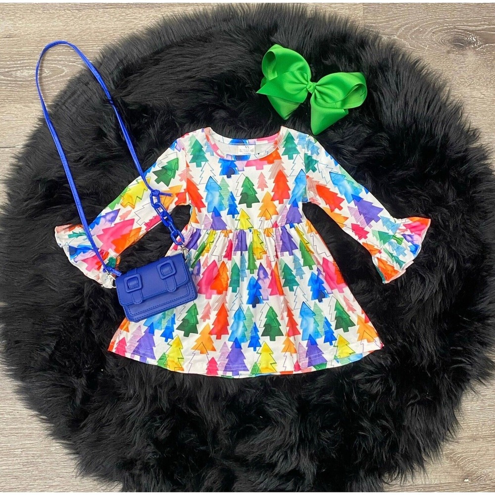 Christmas Tree Dress Outfit Holiday Party Flared Sleeve Girls 5/6